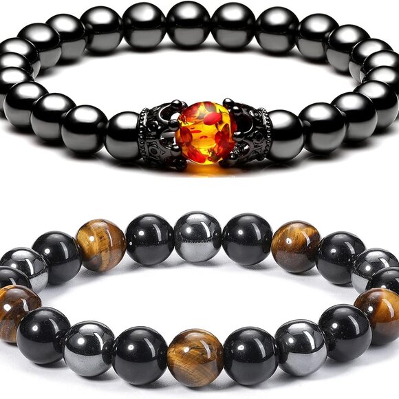 Gemstone Beaded Bracelets Set Black Obsidian Hematite Tiger Eye Healing - Picture 1 of 7